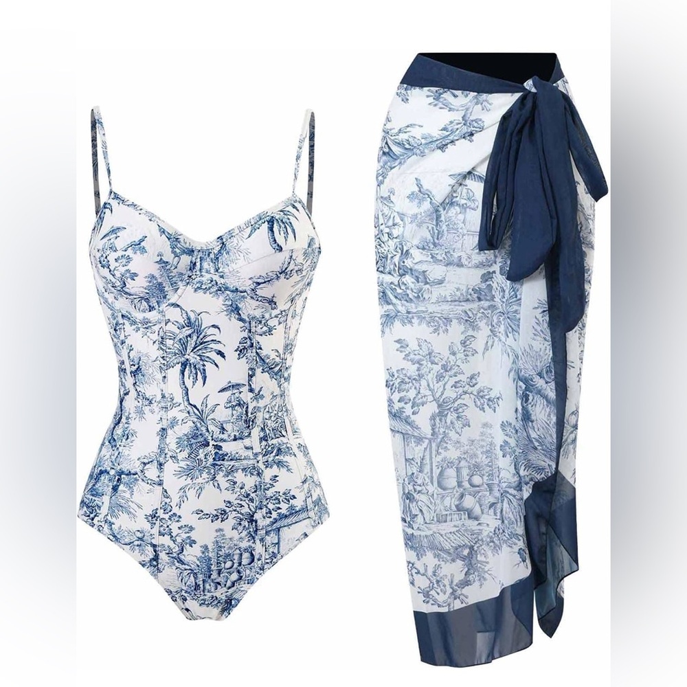 One piece swimsuit/coverup Sz M Toile White and blue Cottage Core Resort Vibes